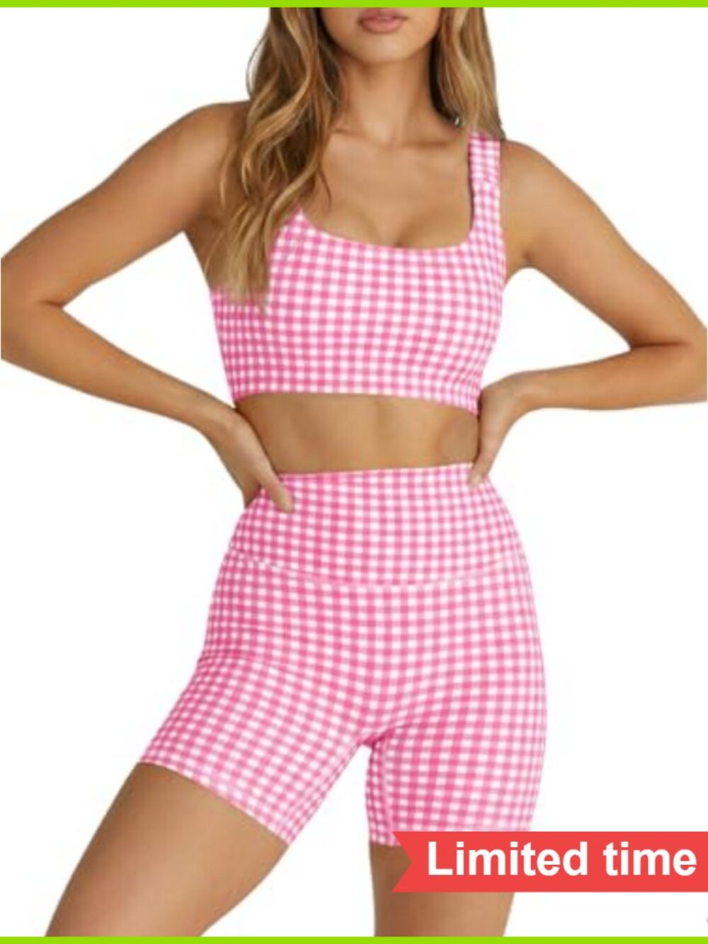 2-Piece Gingham Workout Set Padded Crop Tank High Waist Shorts Seamless
